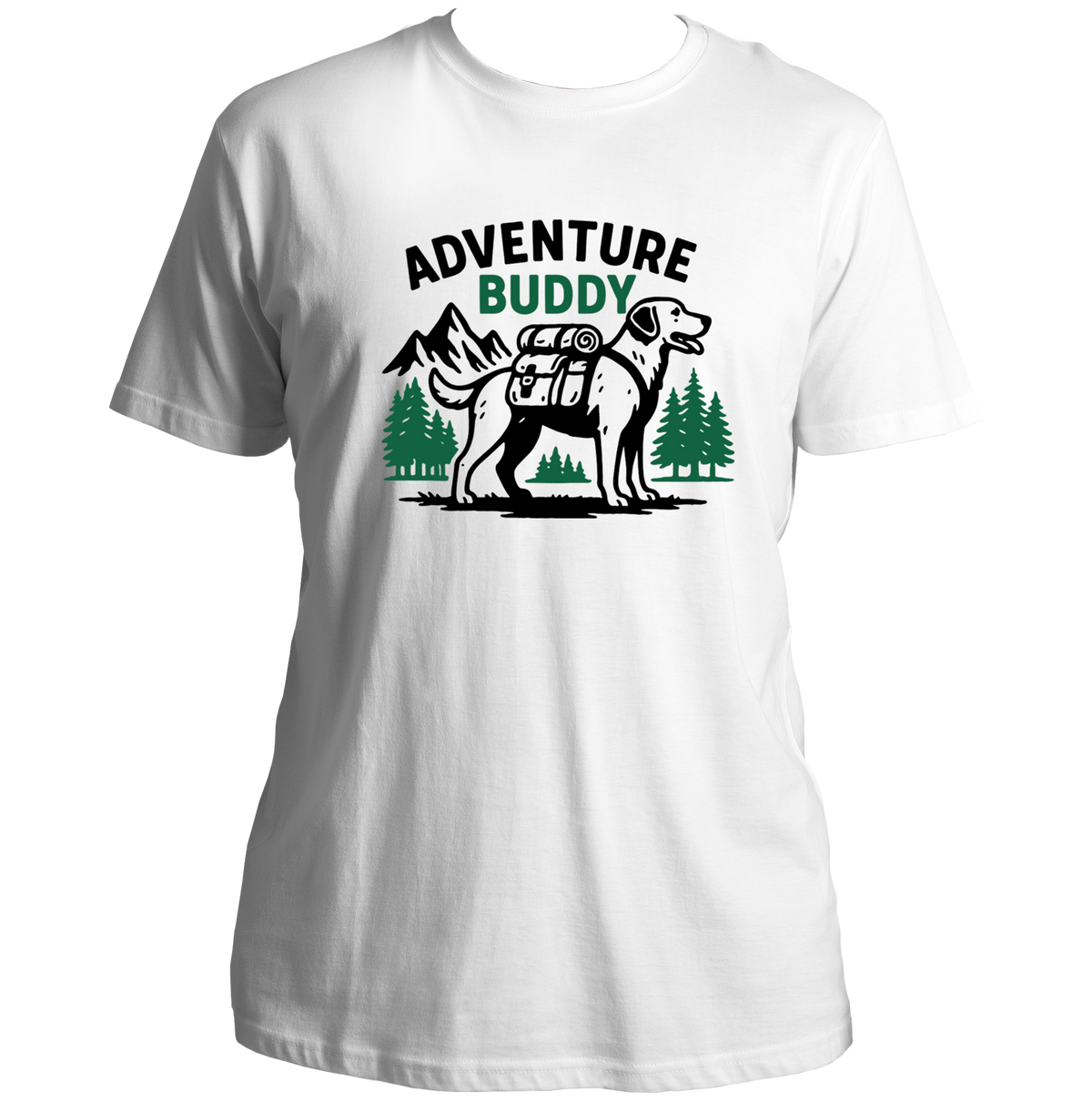 White Adventure Buddy Unisex T-Shirt with dog adventure and mountain print