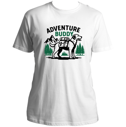 White Adventure Buddy Unisex T-Shirt with dog adventure and mountain print