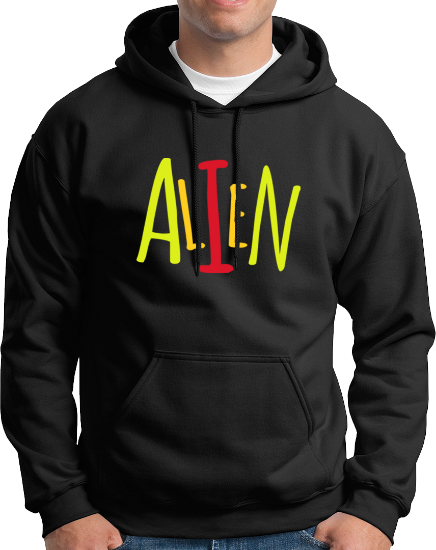 Black Alien hoodie with playful colorful ALIEN typography by Garrari