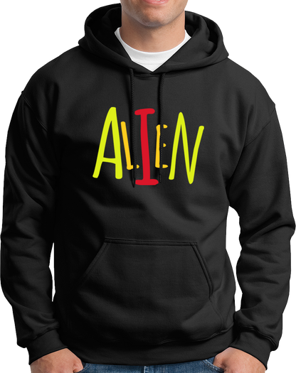 Black Alien hoodie with playful colorful ALIEN typography by Garrari