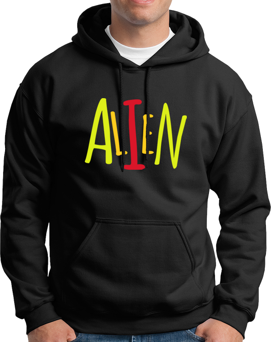 Black Alien hoodie with playful colorful ALIEN typography by Garrari