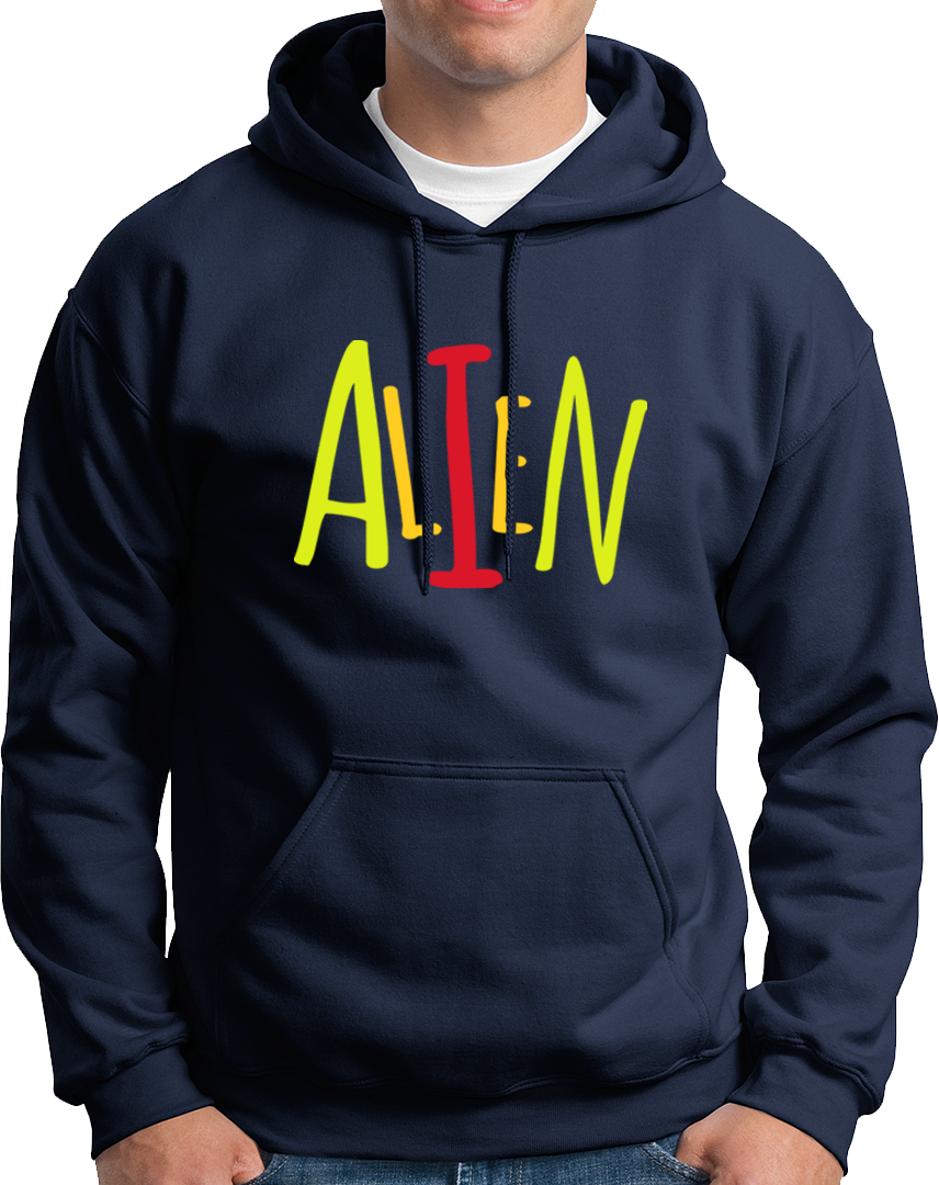 Navy Blue Alien hoodie with colorful ALIEN graphic typography by Garrari