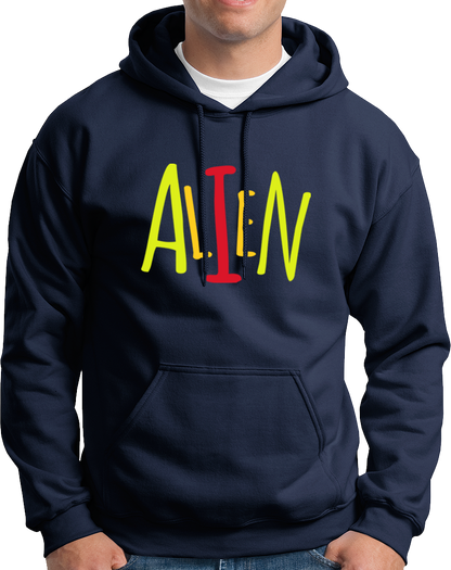 Navy Blue Alien hoodie with colorful ALIEN graphic typography by Garrari