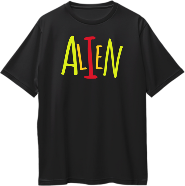 Black Alien oversized T-shirt with playful colorful ALIEN typography by Garrari