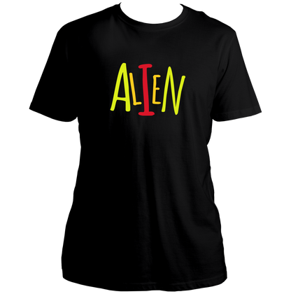 Black Alien T-shirt with playful ALIEN graphic typography by Garrari