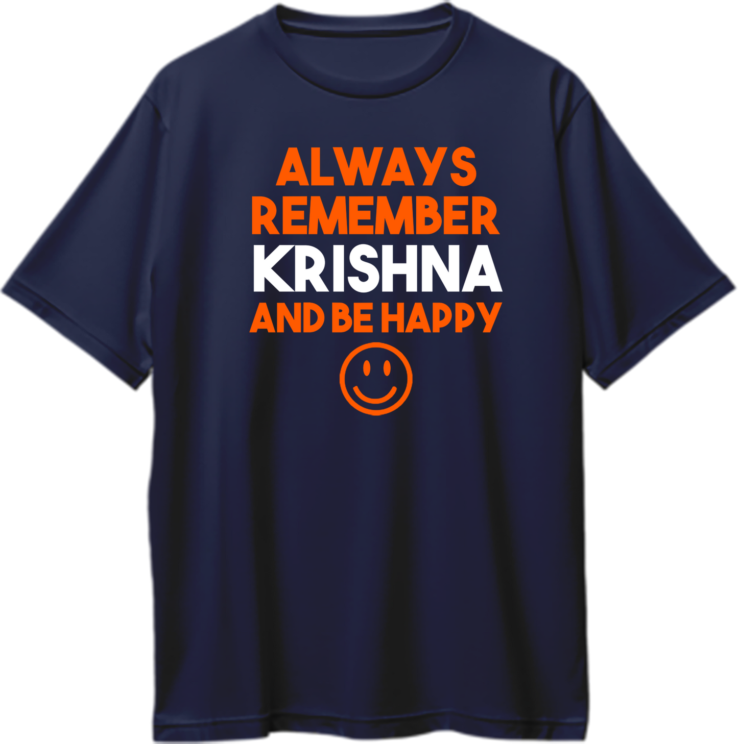 "Oversized unisex t-shirt with Always Remember Krishna and Be Happy mantra, spiritual and devotional Krishna consciousness apparel."