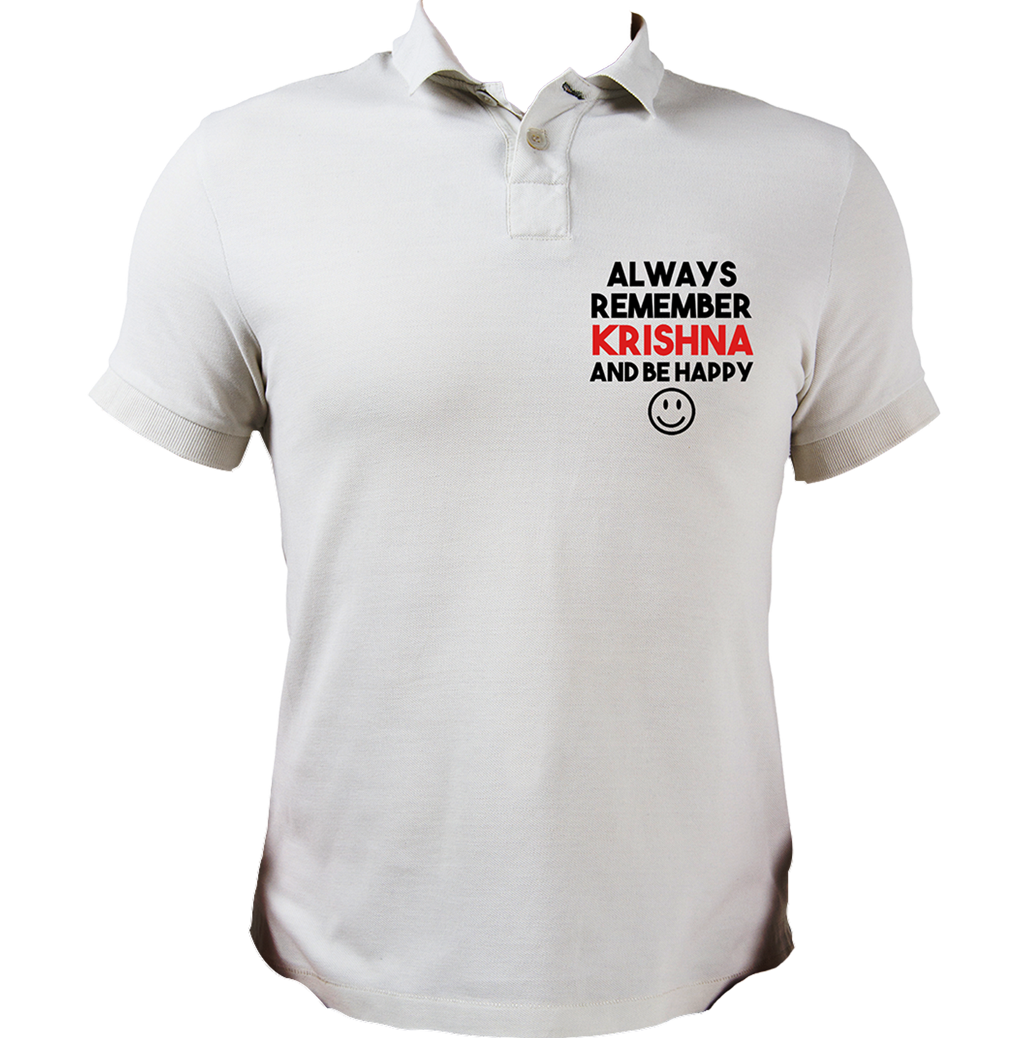 White Always Remember Krishna polo T-shirt with Krishna devotional text print by Garrari