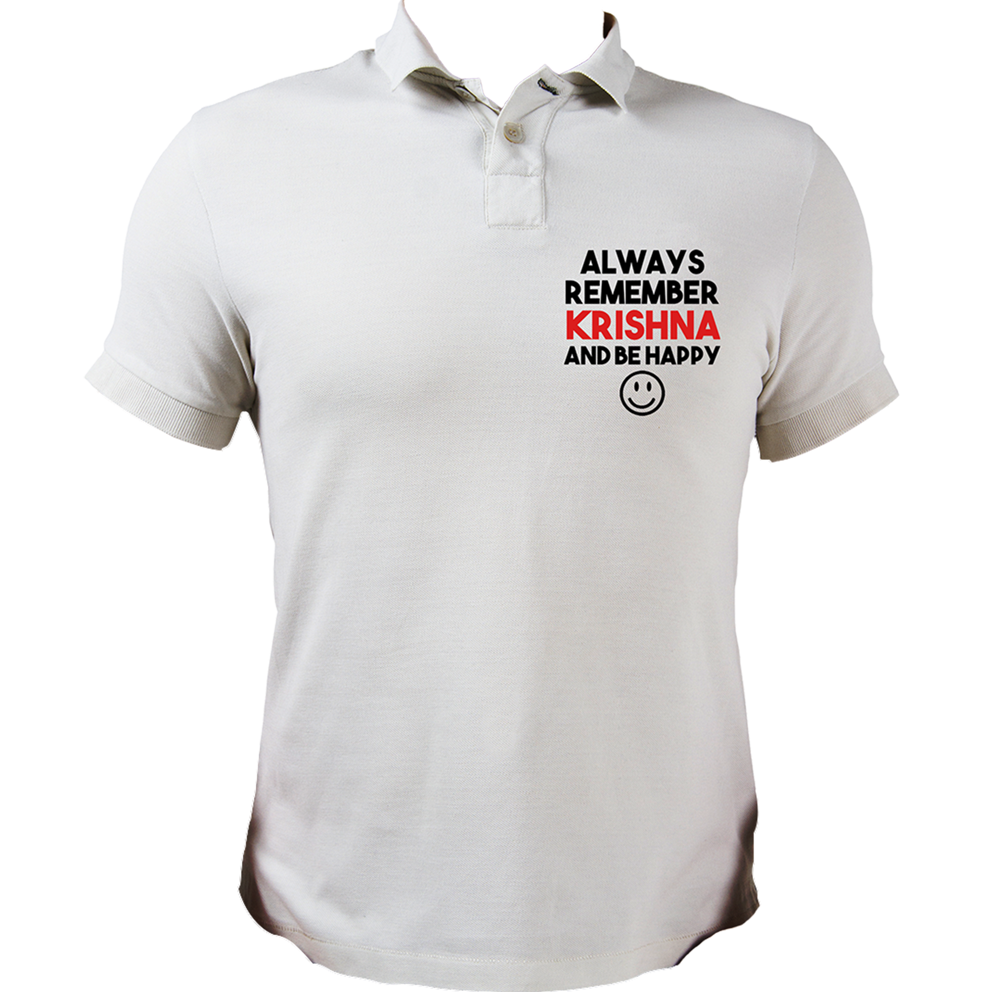 White Always Remember Krishna polo T-shirt with Krishna devotional text print by Garrari
