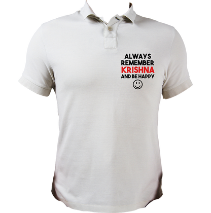 White Always Remember Krishna polo T-shirt with Krishna devotional text print by Garrari