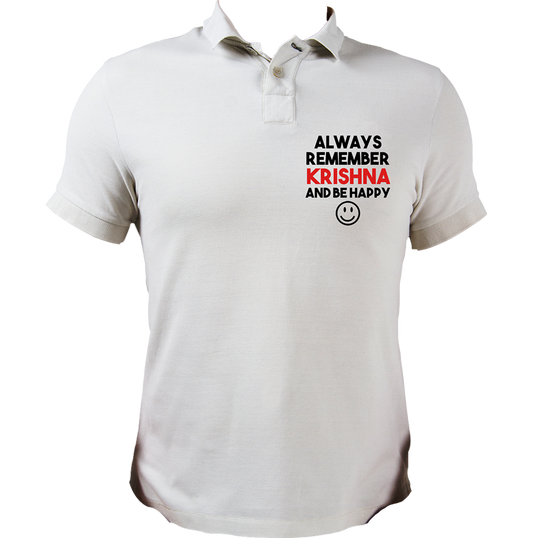 White Always Remember Krishna polo T-shirt with Krishna devotional text print by Garrari