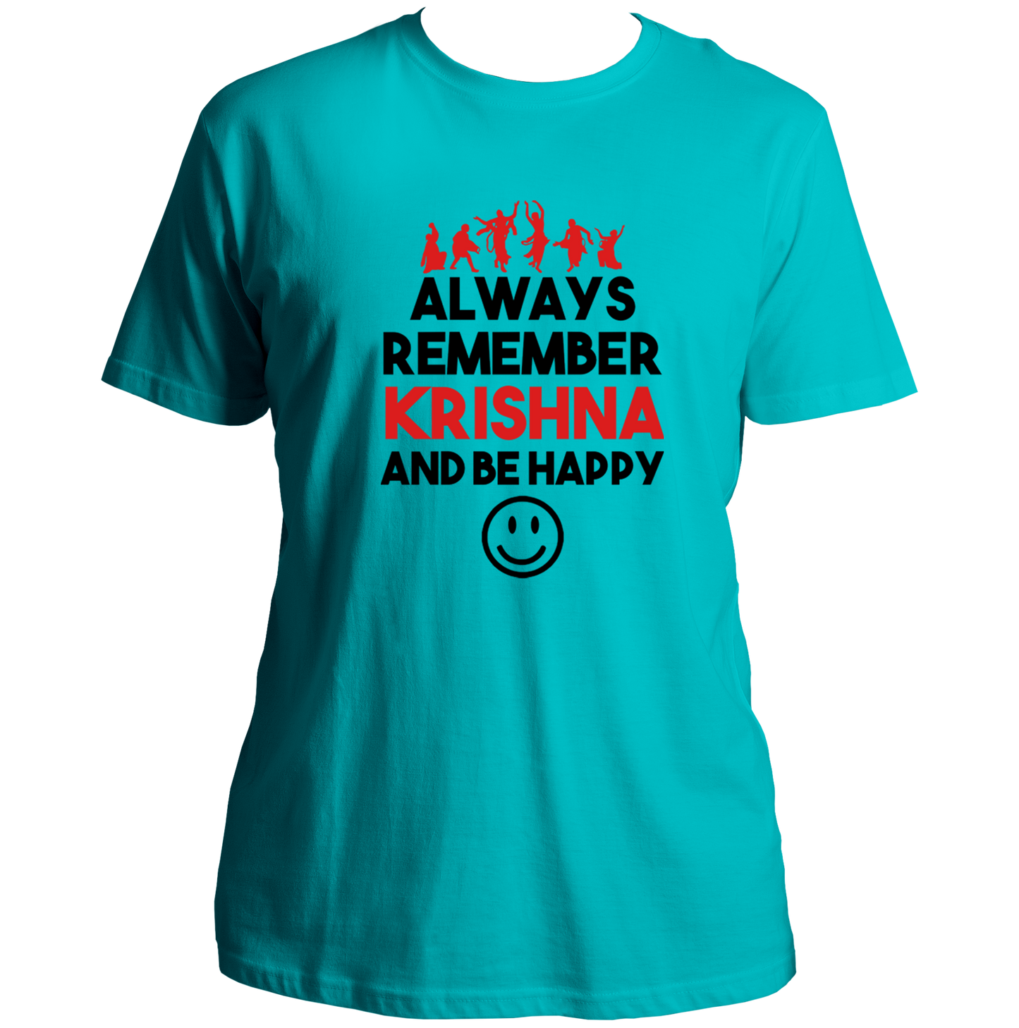 Aqua Blue Always Remember Krishna And Be Happy T-shirt with Krishna leela-inspired print by Garrari