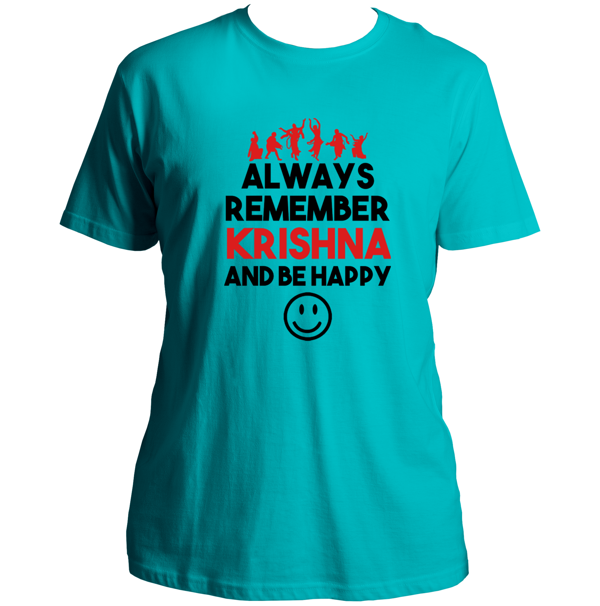 Aqua Blue Always Remember Krishna And Be Happy T-shirt with Krishna leela-inspired print by Garrari