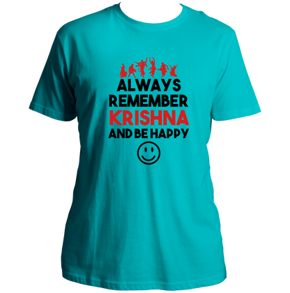 Aqua Blue Always Remember Krishna And Be Happy T-shirt with Krishna leela-inspired print by Garrari