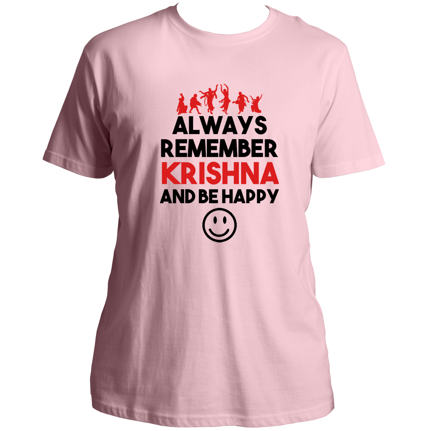 Baby Pink Always Remember Krishna And Be Happy T-shirt with Krishna devotional typography by Garrari