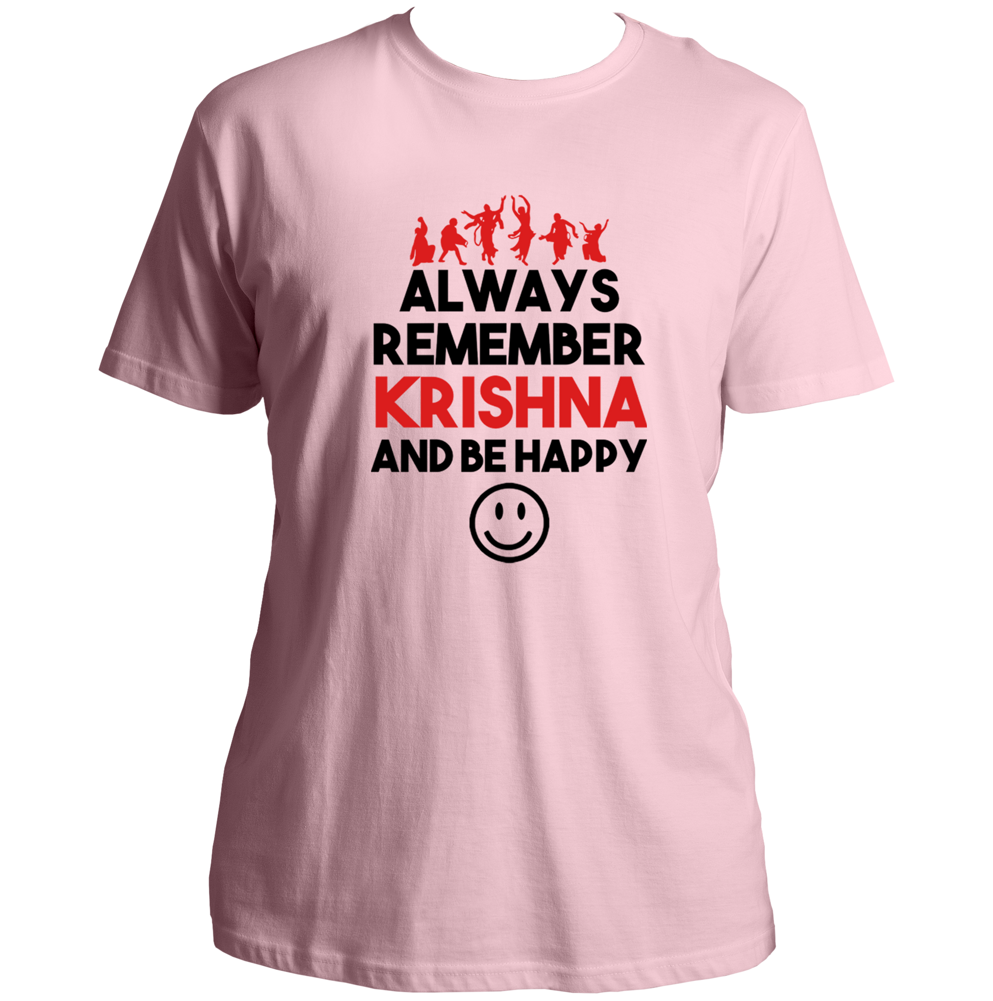 Baby Pink Always Remember Krishna And Be Happy T-shirt with Krishna devotional typography by Garrari