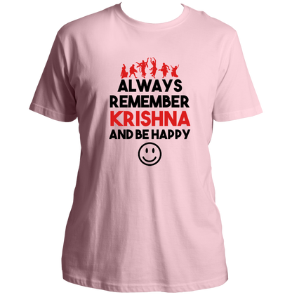 Baby Pink Always Remember Krishna And Be Happy T-shirt with Krishna devotional typography by Garrari