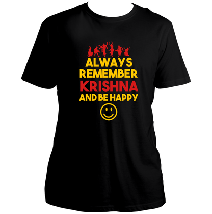 Black Always Remember Krishna And Be Happy T-shirt with Krishna remembrance print by Garrari