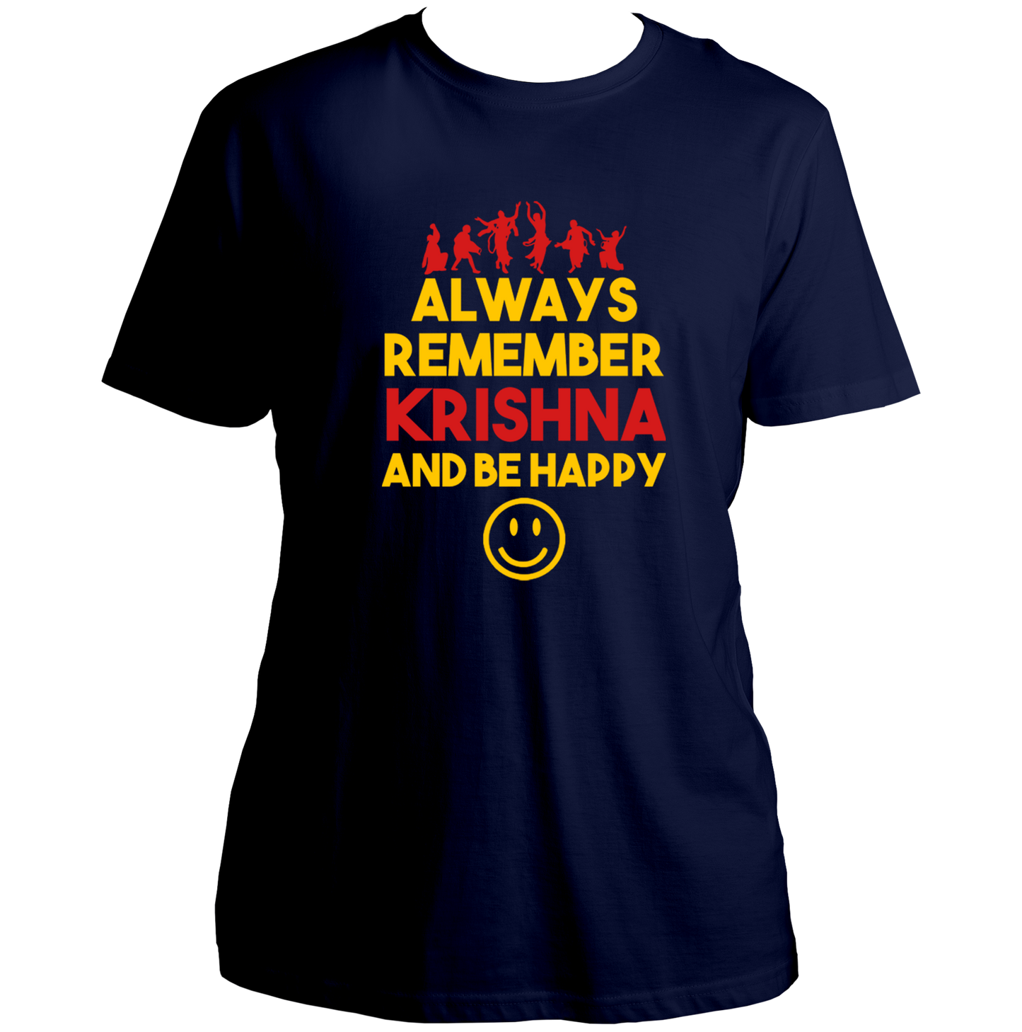 Navy Blue Always Remember Krishna And Be Happy T-shirt with Krishna bhakti design by Garrari