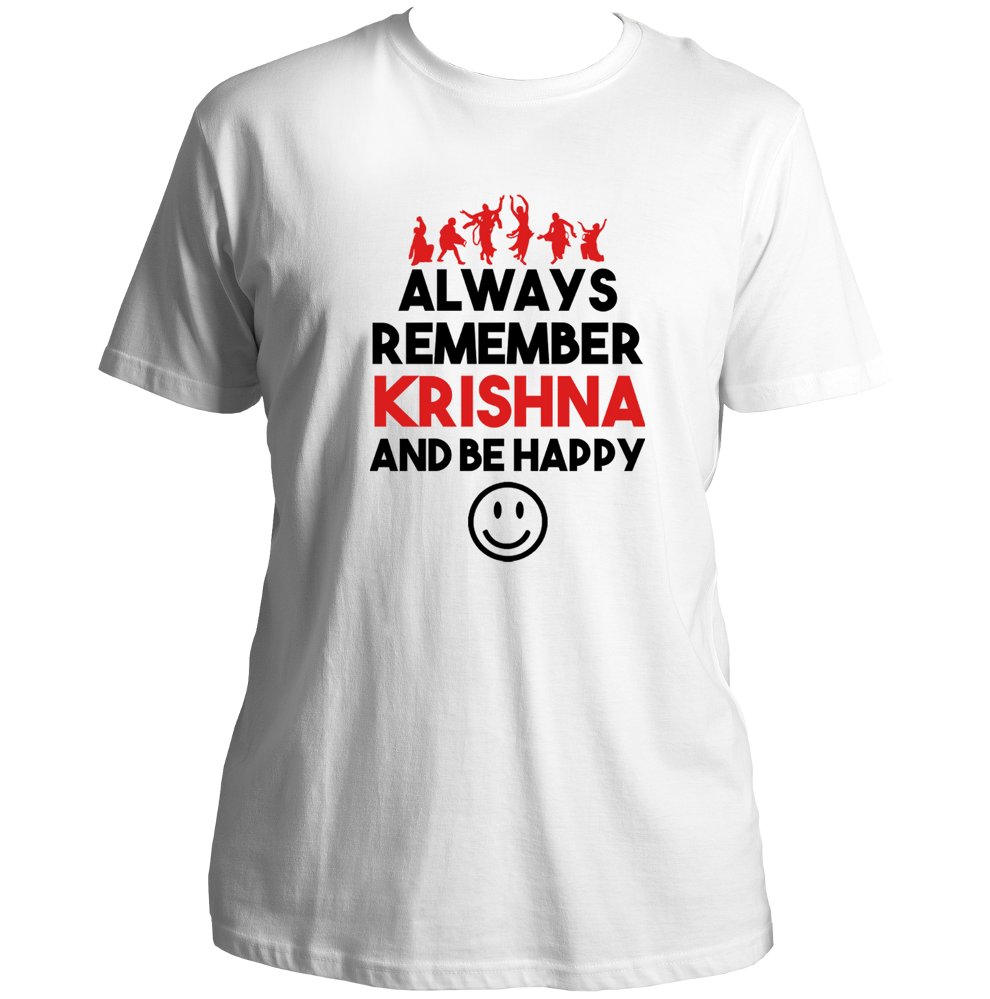 White Always Remember Krishna And Be Happy T-shirt with Krishna devotional quote print by Garrari
