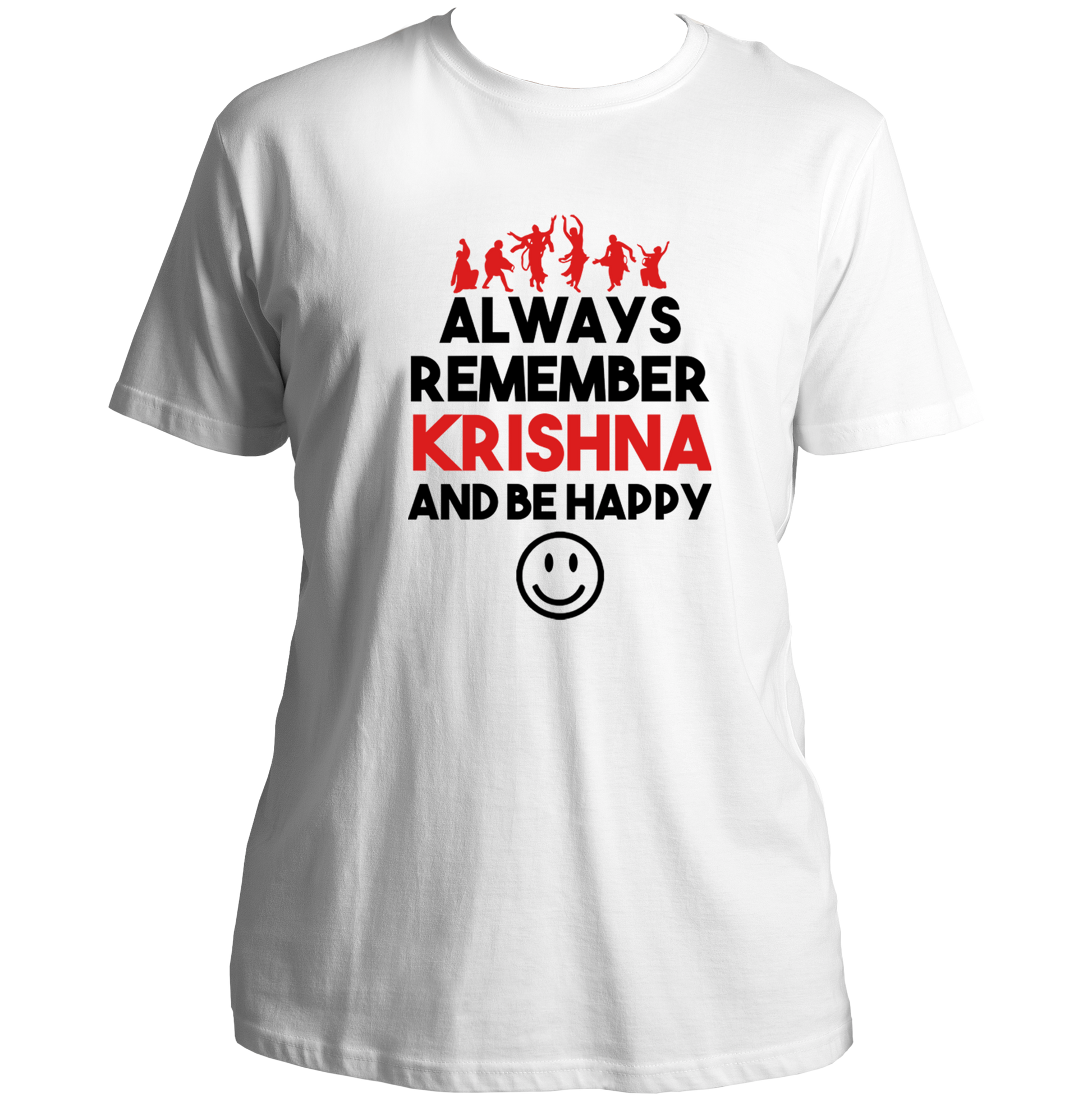 White Always Remember Krishna And Be Happy T-shirt with Krishna devotional quote print by Garrari
