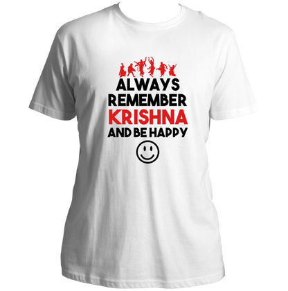 White Always Remember Krishna And Be Happy T-shirt with Krishna devotional quote print by Garrari