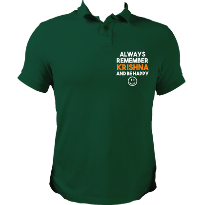 Dark Green Always Remember Krishna polo T-shirt with Krishna bhakti typography by Garrari