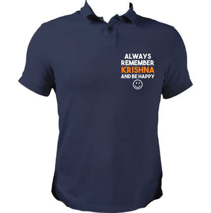 Navy Blue Always Remember Krishna polo T-shirt with Krishna devotional polo print by Garrari