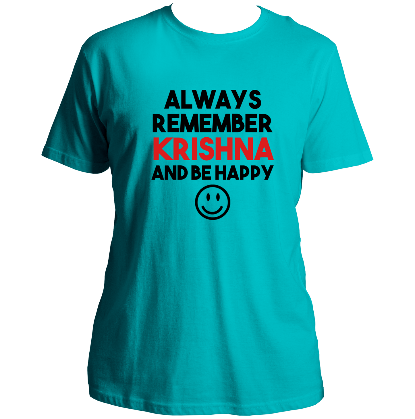 Aqua Blue Always Remember Krishna T-shirt with Krishna bhakti typography by Garrari