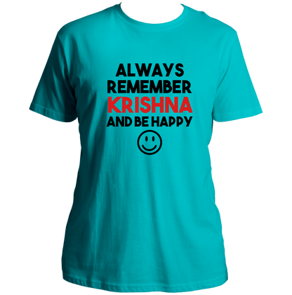 Aqua Blue Always Remember Krishna T-shirt with Krishna bhakti typography by Garrari