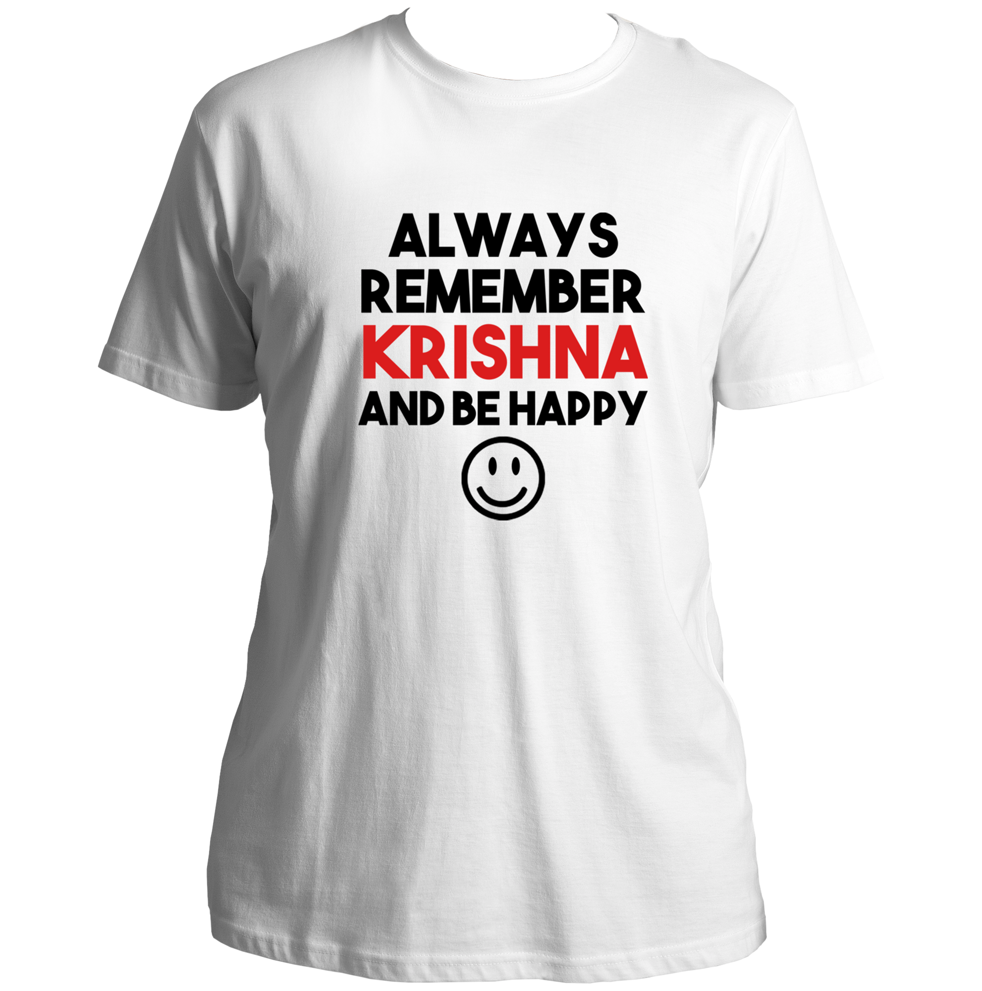 White Always Remember Krishna T-shirt with Krishna devotional typography by Garrari