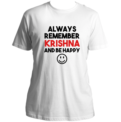 White Always Remember Krishna T-shirt with Krishna devotional typography by Garrari
