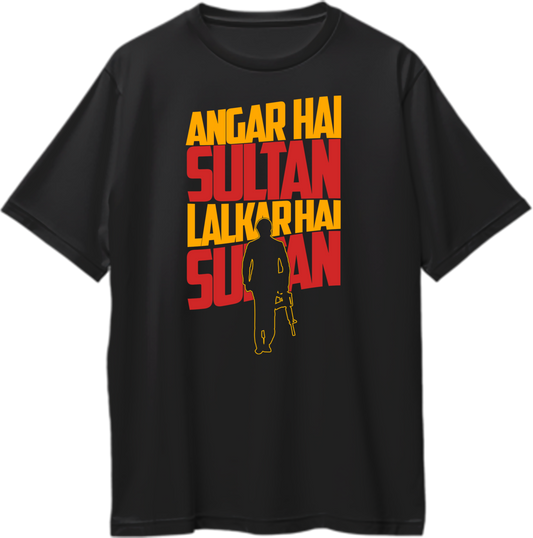 Front view of Angar Hai Sultan KGF Oversized Unisex T-Shirt with bold dialogue and Rocky Bhai graphic.