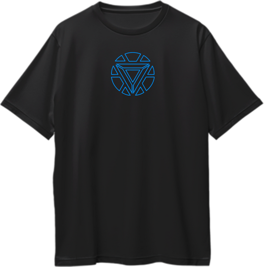 Oversized unisex t-shirt with glowing arc reactor design, inspired by a genius superhero's invention.