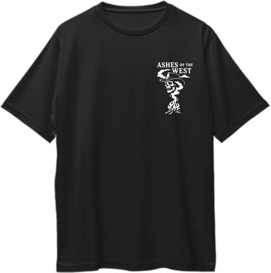 Black oversized t-shirt with white chest print of smoking skull and text “Ashes of the West” – Garrari RDR2 Collection