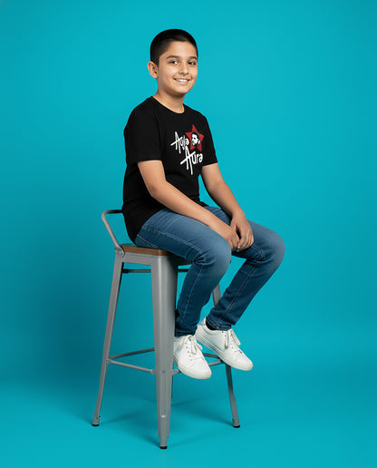 Kid wearing black Aujla Aura Karan Aujla T-Shirt with red star graphic – Garrari Kids Collection