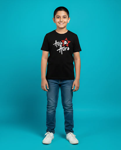 Kid wearing black Aujla Aura Karan Aujla T-Shirt with red star graphic – Garrari Kids Collection