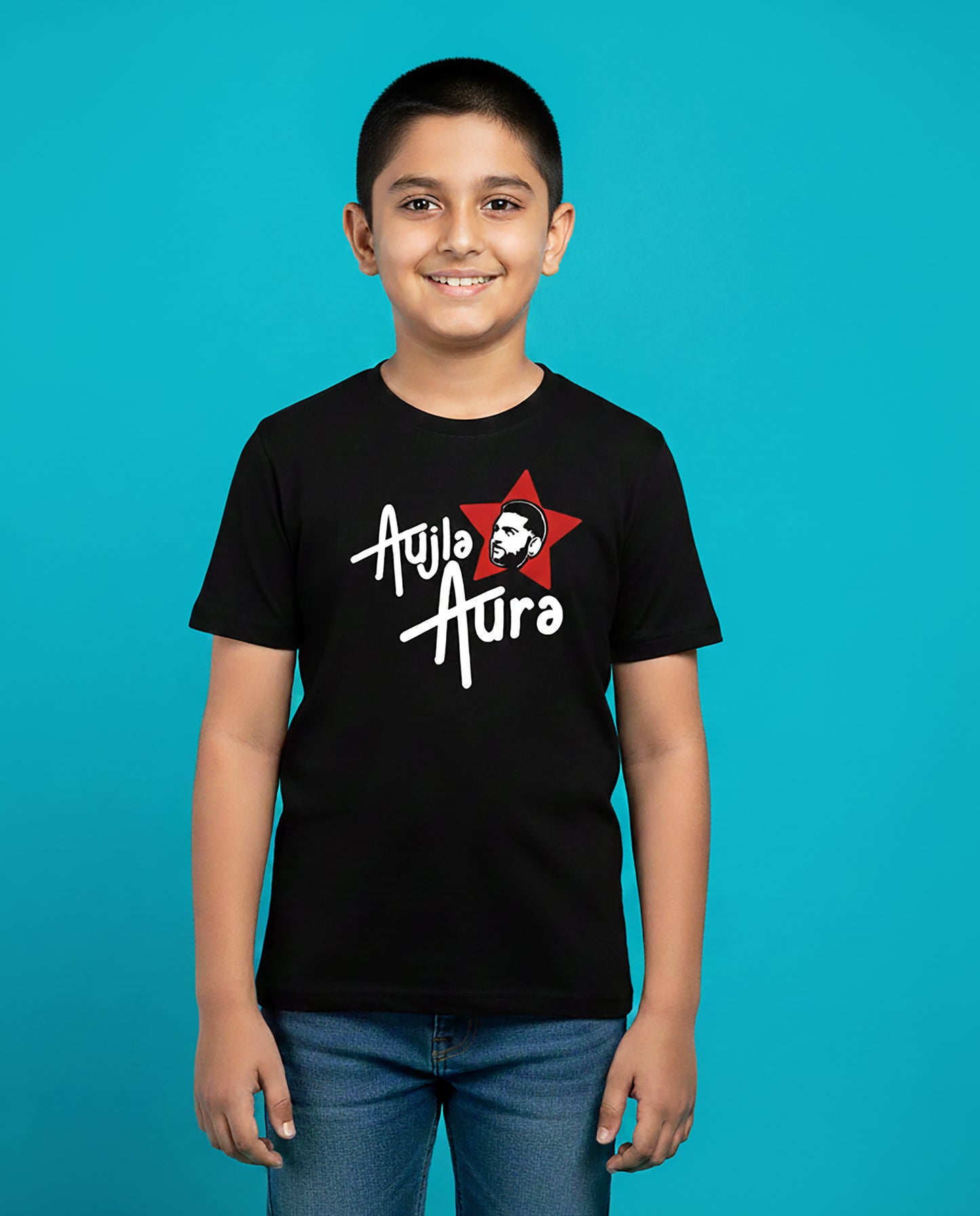 Kid wearing black Aujla Aura Karan Aujla T-Shirt with red star graphic – Garrari Kids Collection