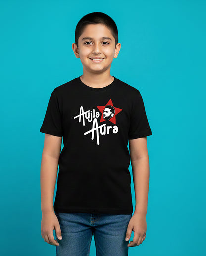 Kid wearing black Aujla Aura Karan Aujla T-Shirt with red star graphic – Garrari Kids Collection