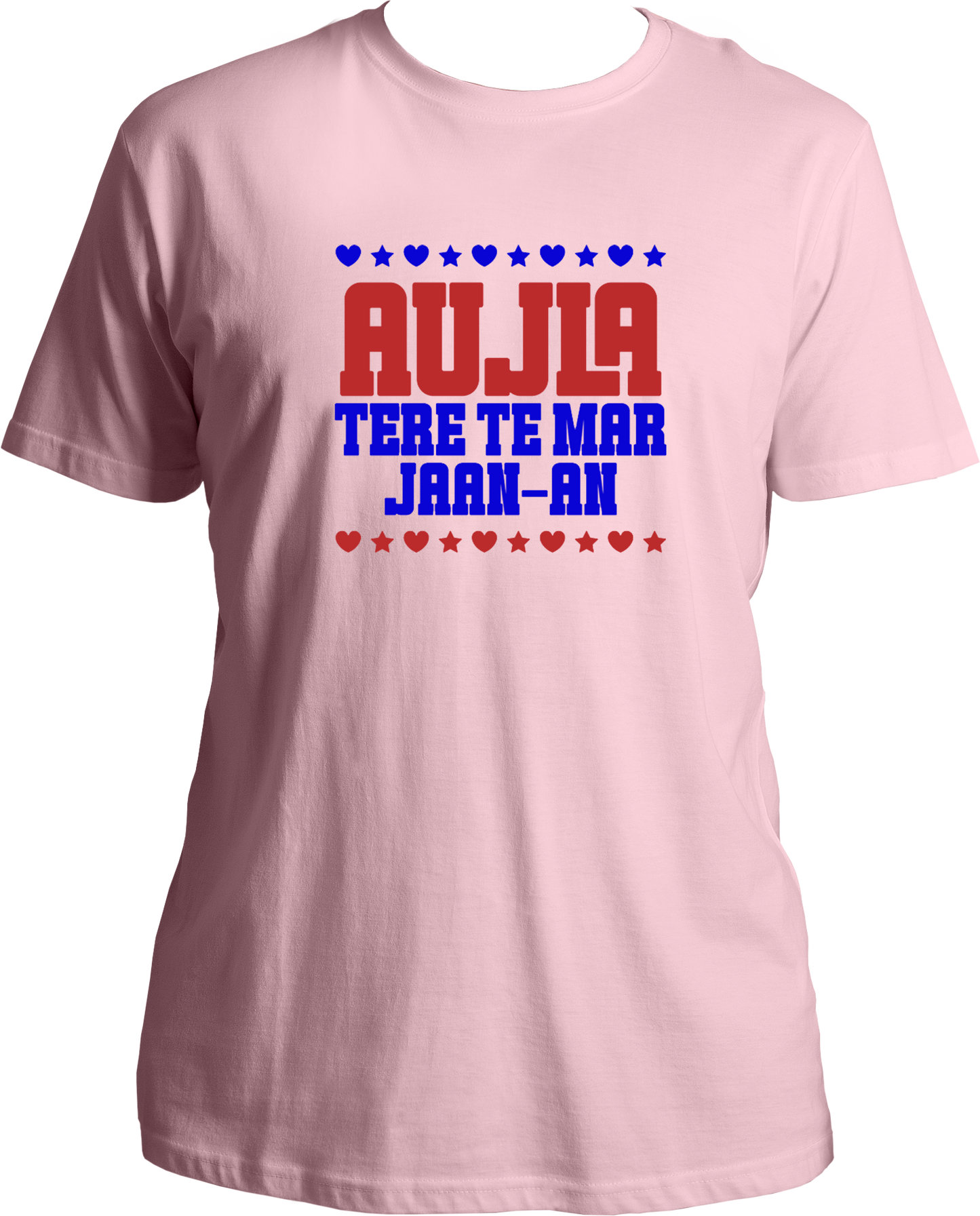 regular fit t-shirt with bold red and white/blue Aujla Tere Te Mar Jaan typography and heart/star graphics.