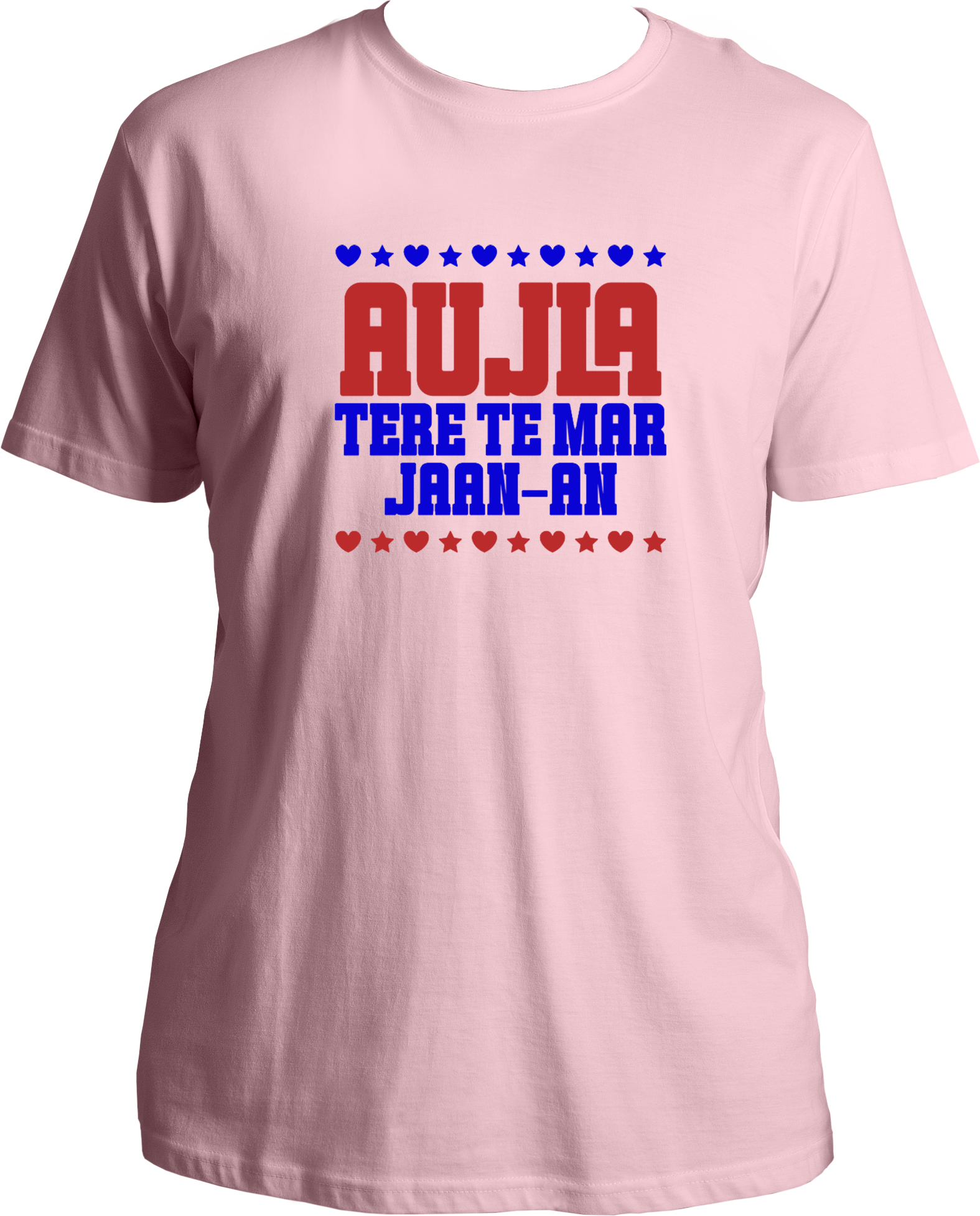 regular fit t-shirt with bold red and white/blue Aujla Tere Te Mar Jaan typography and heart/star graphics.