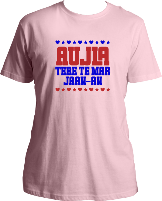 regular fit t-shirt with bold red and white/blue Aujla Tere Te Mar Jaan typography and heart/star graphics.
