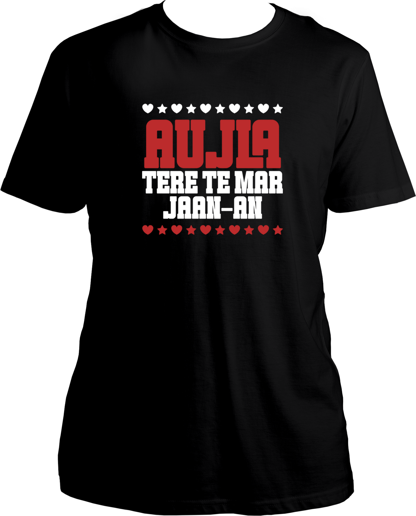 regular fit t-shirt with bold red and white/blue Aujla Tere Te Mar Jaan typography and heart/star graphics.