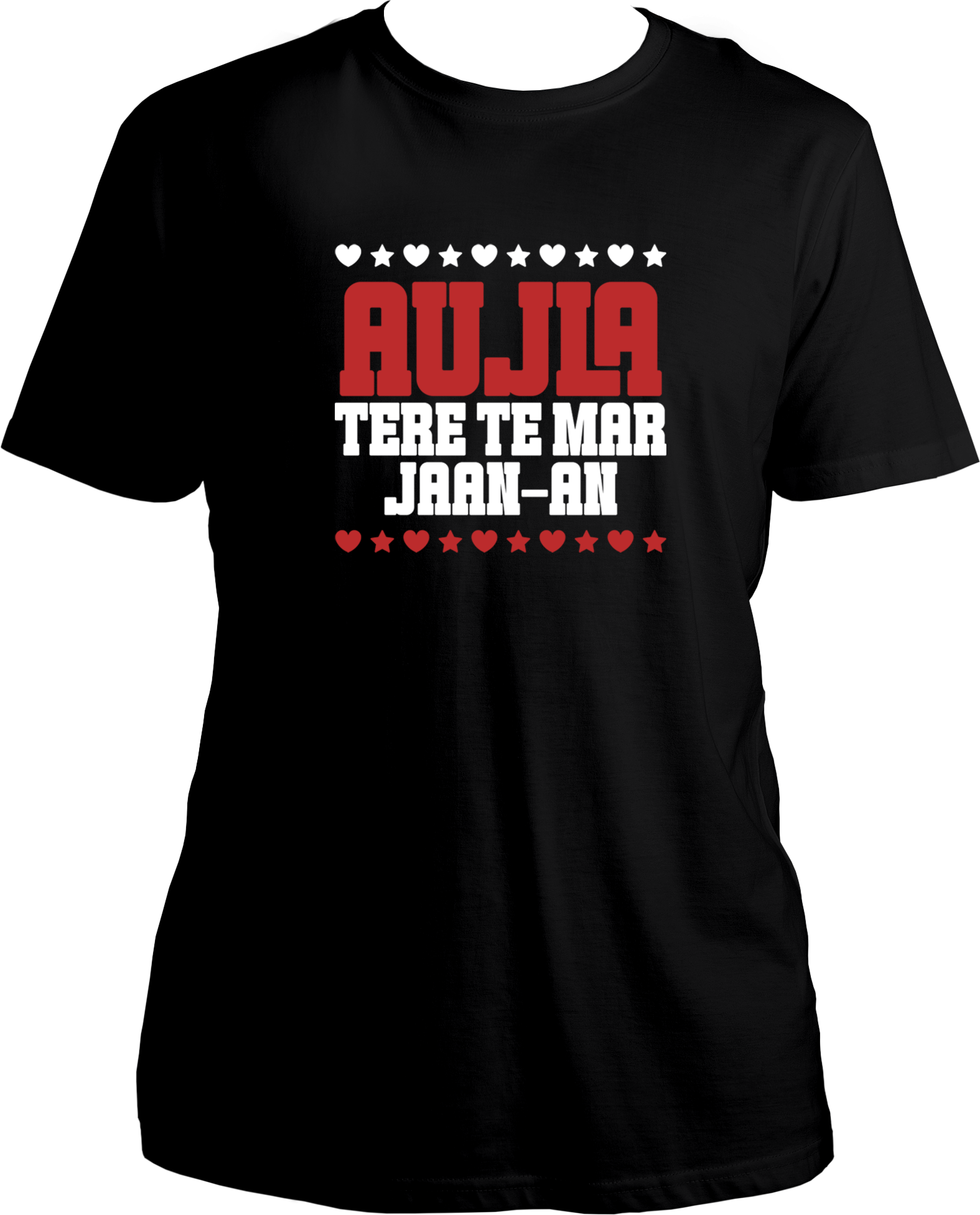 regular fit t-shirt with bold red and white/blue Aujla Tere Te Mar Jaan typography and heart/star graphics.