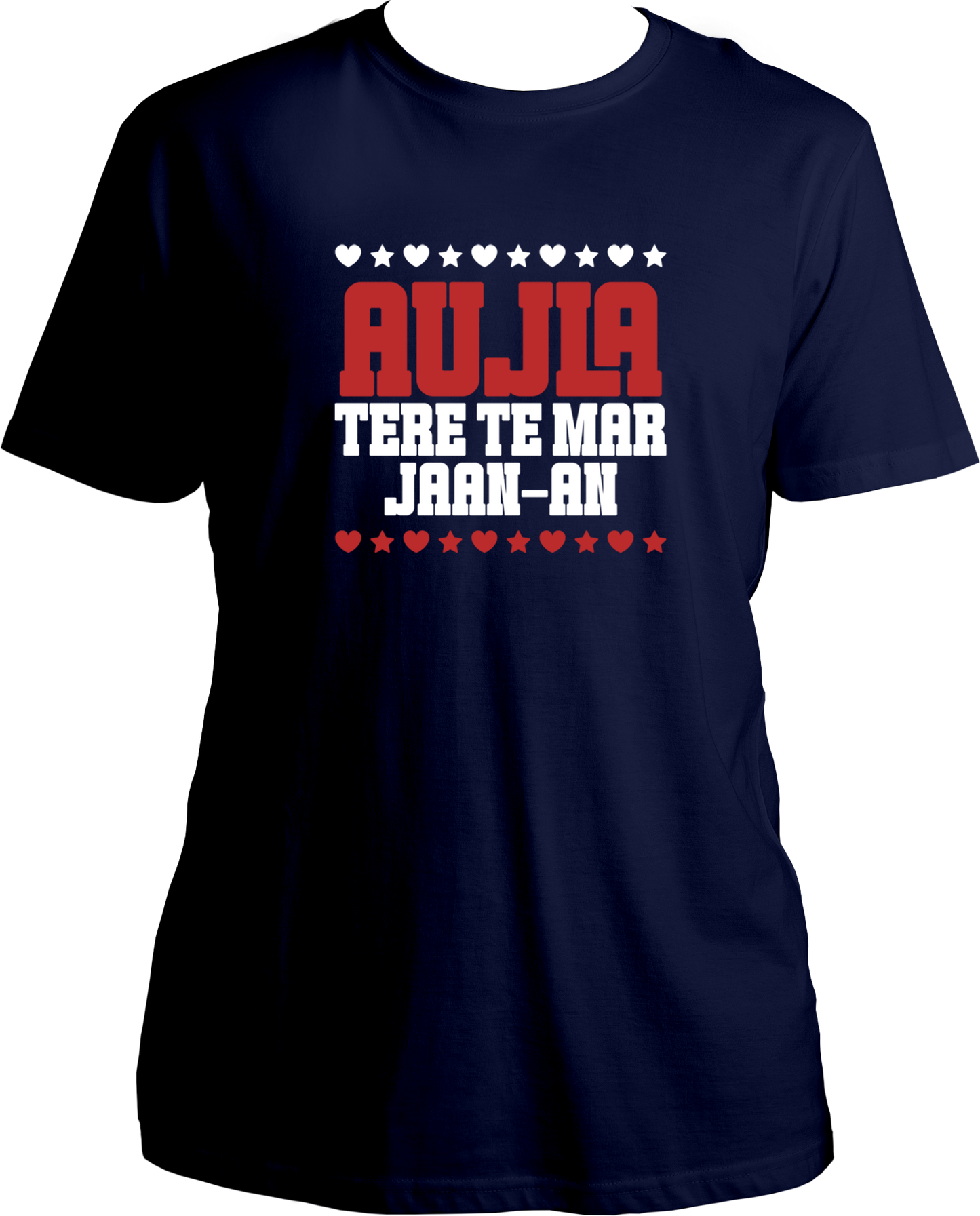 regular fit t-shirt with bold red and white/blue Aujla Tere Te Mar Jaan typography and heart/star graphics.