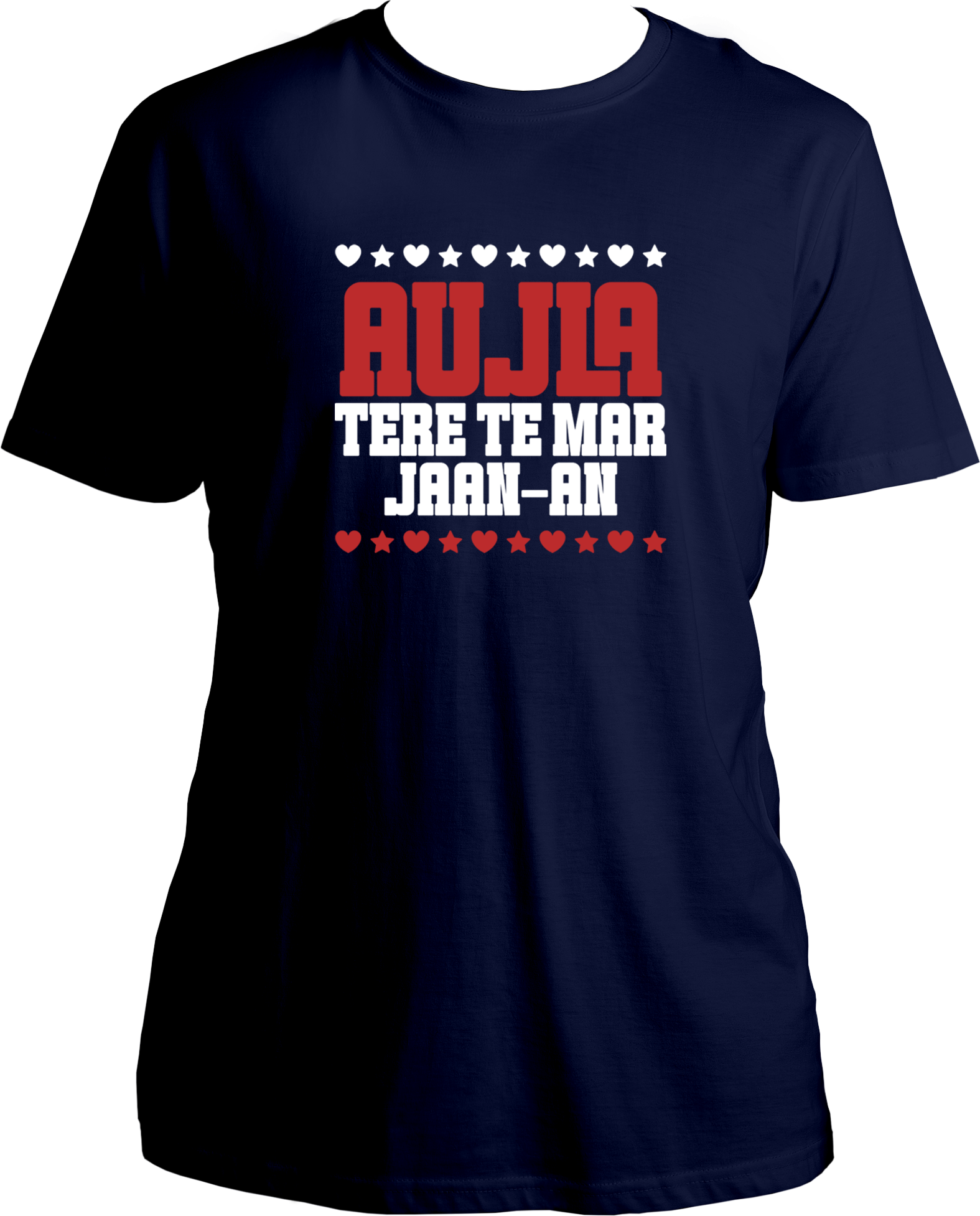 regular fit t-shirt with bold red and white/blue Aujla Tere Te Mar Jaan typography and heart/star graphics.