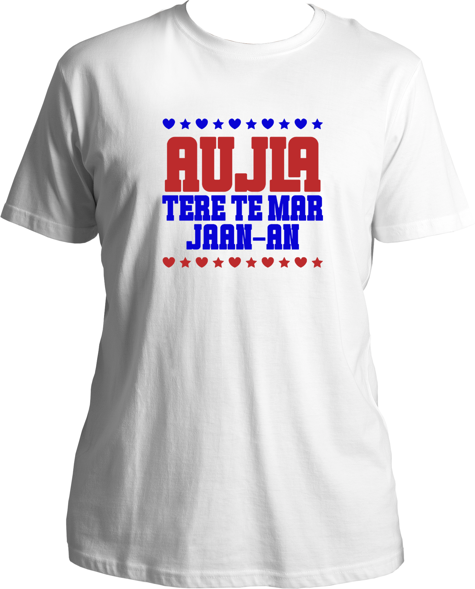 regular fit t-shirt with bold red and white/blue Aujla Tere Te Mar Jaan typography and heart/star graphics.