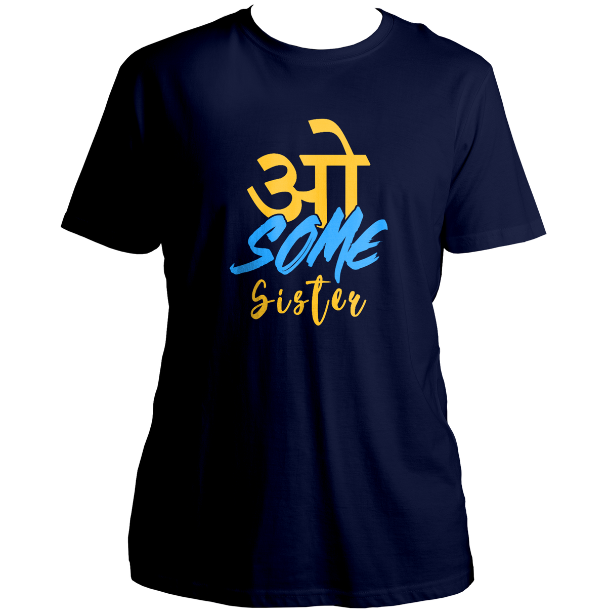 Navy Blue Awesome Sister Unisex T-Shirt by Garrari with yellow and blue Awesome Sister graphic print