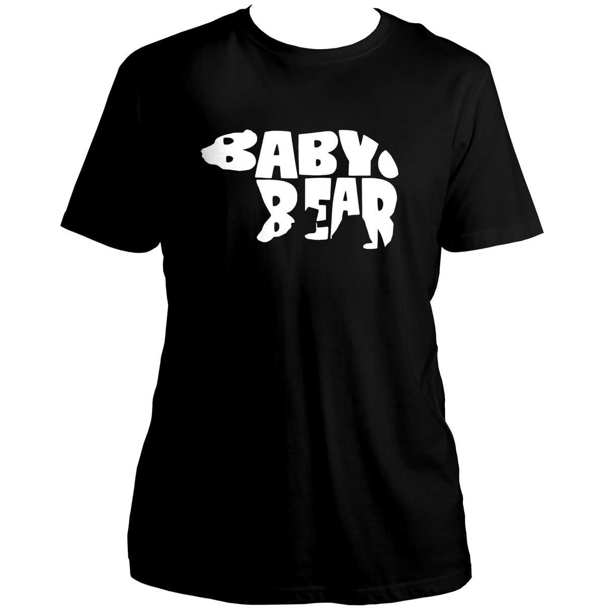 Black Baby Bear Unisex T-Shirt by Garrari with white Baby Bear bear silhouette typography graphic