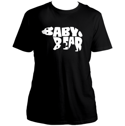 Black Baby Bear Unisex T-Shirt by Garrari with white Baby Bear bear silhouette typography graphic