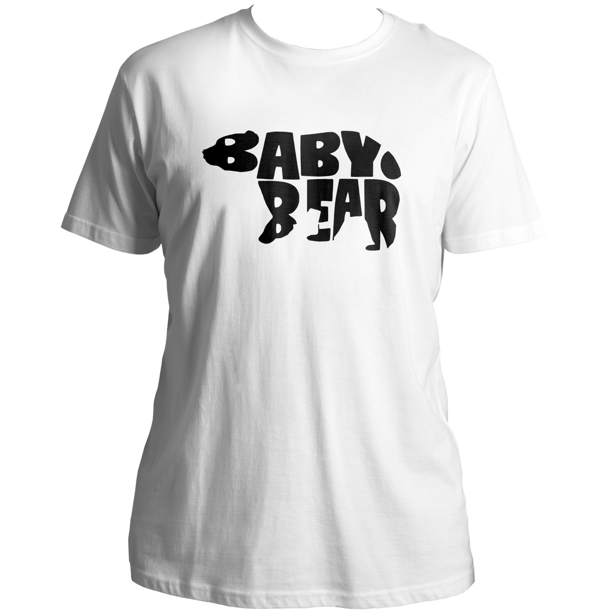 White Baby Bear Unisex T-Shirt by Garrari with dark bear-shaped Baby Bear typography graphic